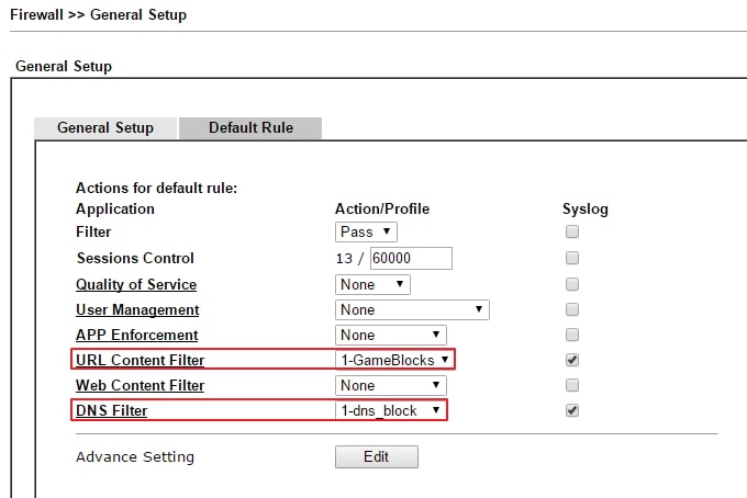 a screenshot of applying the URL filter and DNS filter in Firewall Default Rule